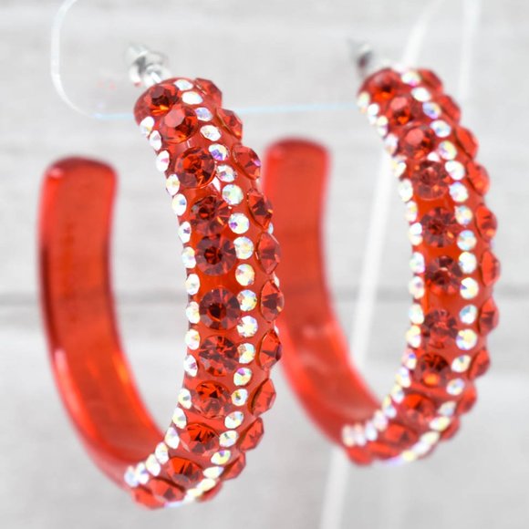 2" Clear Red AB/Red Lucite Rhinestone Hoop Earring - Picture 6 of 11